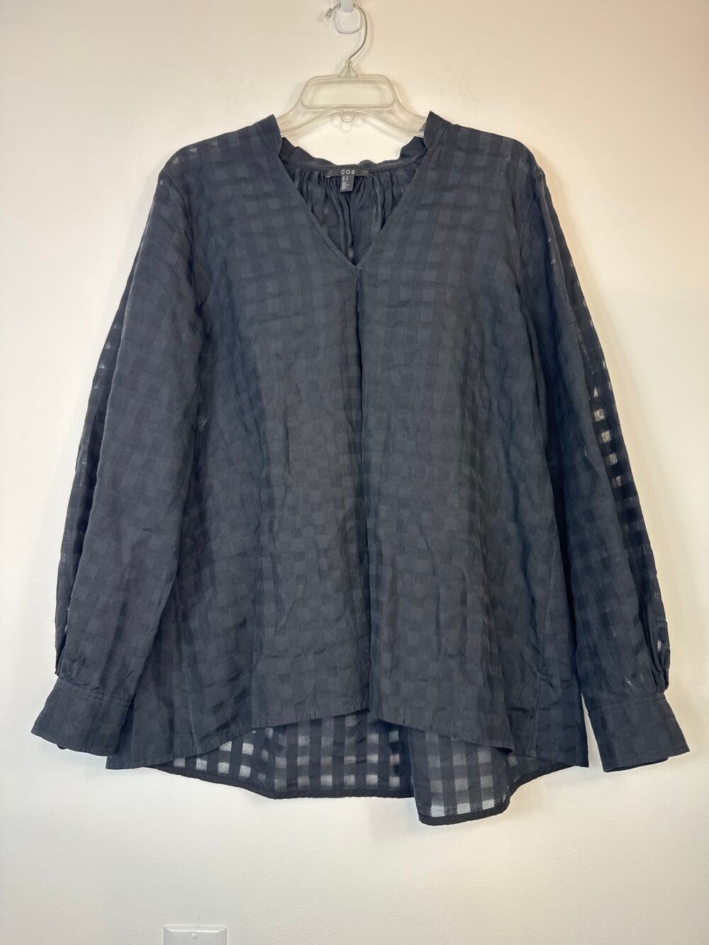 COS Black Plaid Semi Sheer Cotton Silk V-Neck Blouse Size Medium
